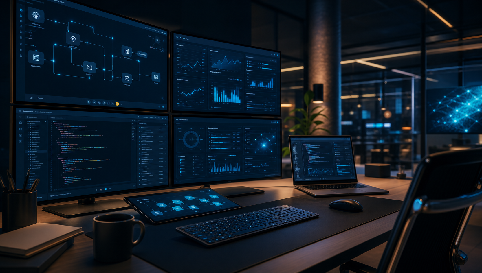 Modern workspace with multiple dashboards and AI automation screens.