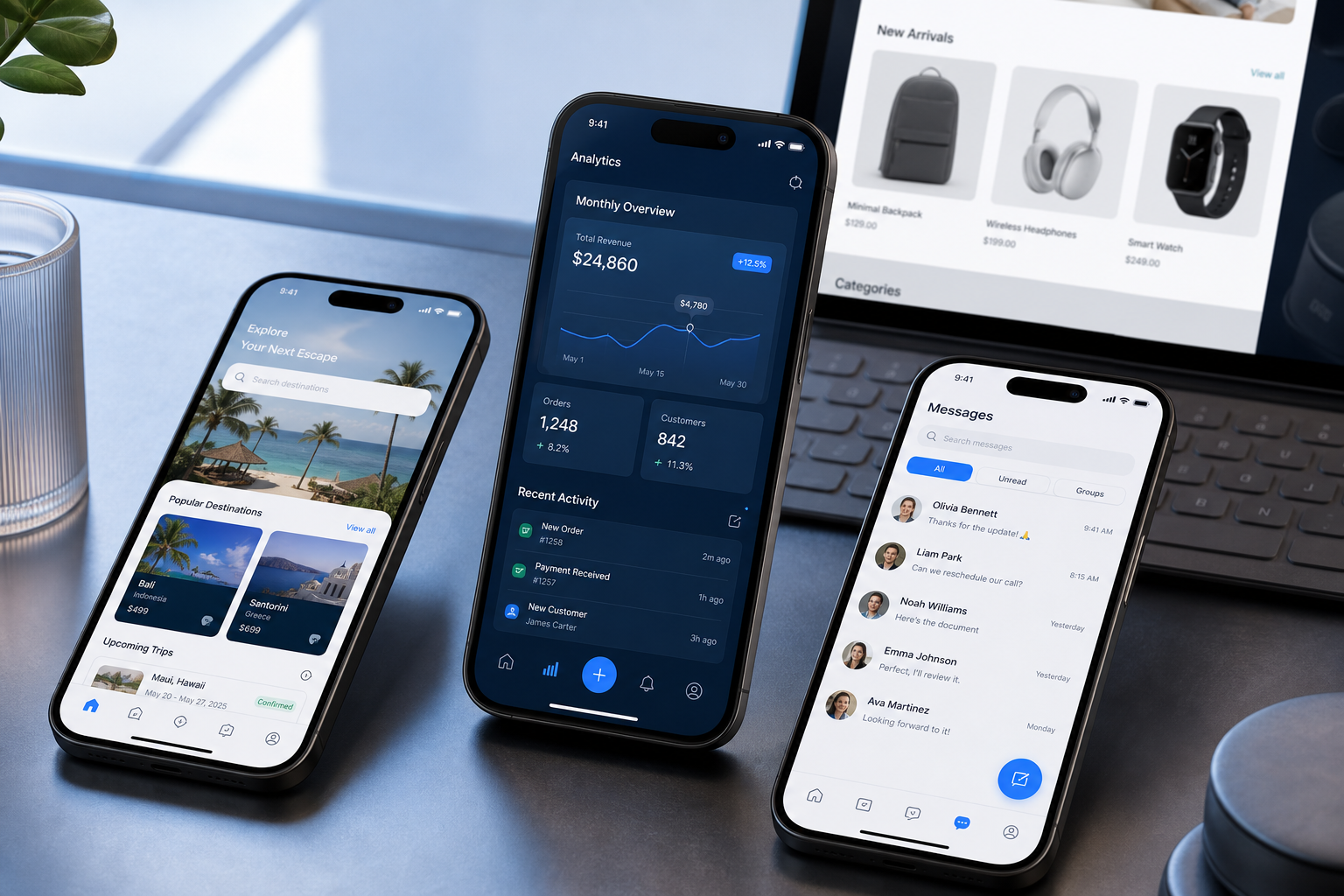 Multiple modern smartphones displaying polished mobile application interfaces.