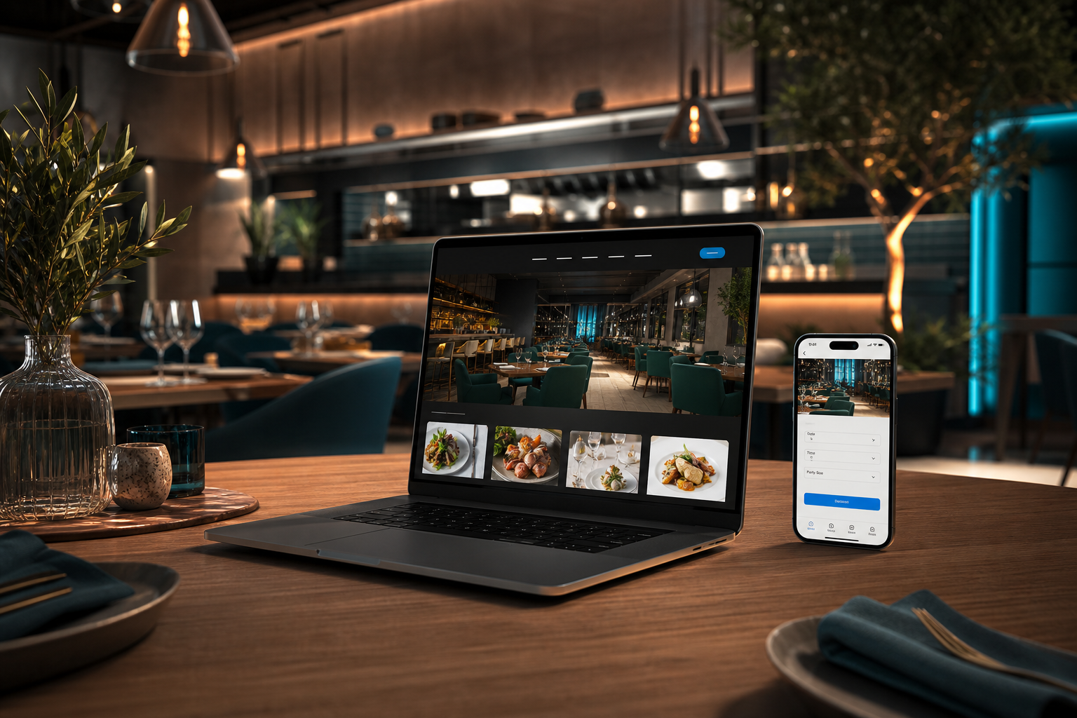Elegant restaurant interior with a laptop and phone showing a premium restaurant digital experience.